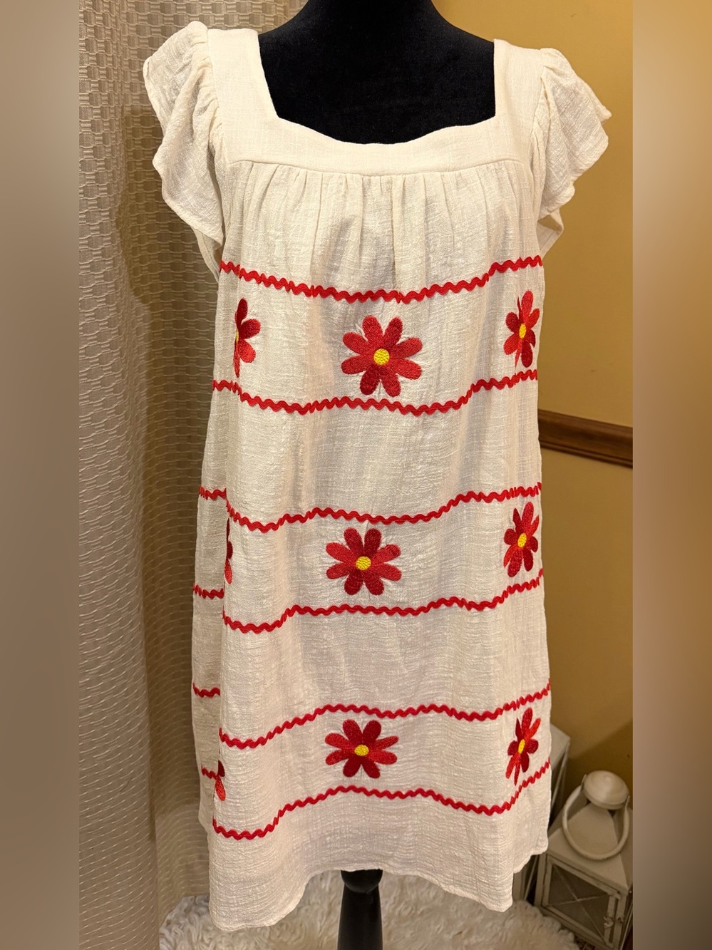entro White Dress with Red Floral Embroidery